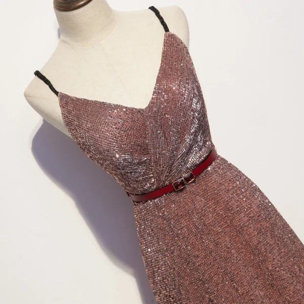 Sexy Scintillantes Or Rose Robe De Soirée 2020 Princesse Bretelles Spaghetti Paillettes Noeud Sans Manches Dos Nu Longue Robe De Ceremonie