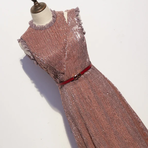 Sparkly Rose Gold Evening Dresses  2020 A-Line / Princess Scoop Neck Sash Sequins Sleeveless Floor-Length / Long Formal Dresses