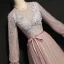 Elegant Blushing Pink Evening Dresses  2020 A-Line / Princess Scoop Neck Pearl Lace Flower Long Sleeve Backless Floor-Length / Long Formal Dresses