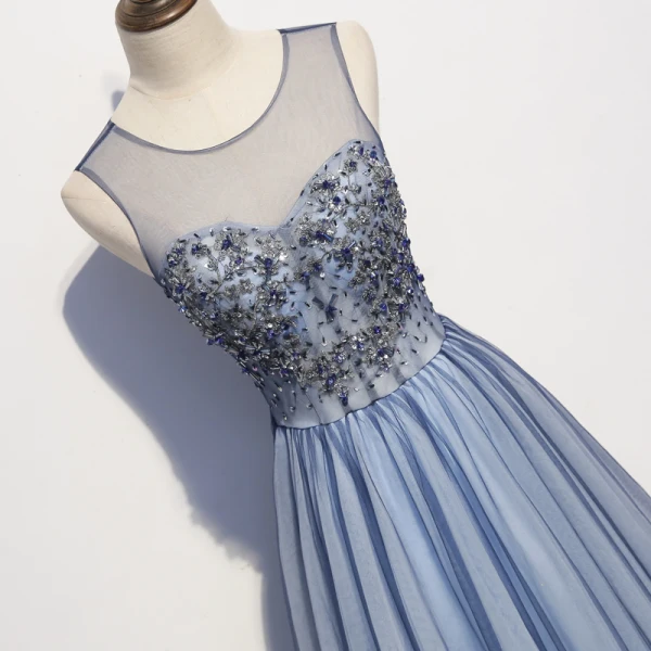 Elegant Sky Blue Evening Dresses 2020 A-Line / Princess Scoop Neck Crystal Sequins Lace Flower Sleeveless Backless Floor-Length / Long Formal Dresses