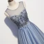 Elegant Sky Blue Evening Dresses  2020 A-Line / Princess Scoop Neck Crystal Sequins Lace Flower Sleeveless Backless Floor-Length / Long Formal Dresses