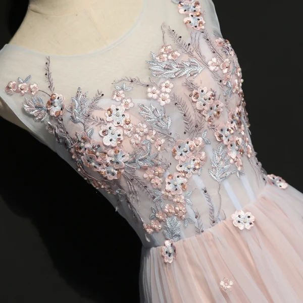 Chic Rougissant Rose Robe De Soirée 2020 Princesse Encolure Dégagée Perle Faux Diamant En Dentelle Fleur Sans Manches Dos Nu Longue Robe De Ceremonie