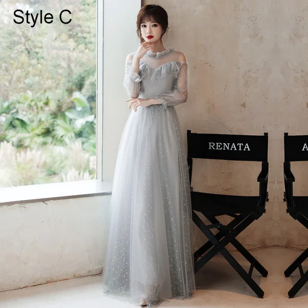 Modern / Fashion Grey Bridesmaid Dresses 2021 A-Line / Princess Scoop Neck Sequins 3/4 Sleeve Backless Floor-Length / Long Wedding Party Dresses