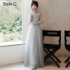 Modern / Fashion Grey Bridesmaid Dresses 2021 A-Line / Princess Scoop Neck Sequins 3/4 Sleeve Backless Floor-Length / Long Wedding Party Dresses