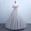 Chic / Beautiful Grey Quinceañera Prom Dresses 2018 Ball Gown Embroidered Bow Off-The-Shoulder Backless Short Sleeve Floor-Length / Long Formal Dresses