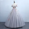Chic / Beautiful Grey Quinceañera Prom Dresses 2018 Ball Gown Embroidered Bow Off-The-Shoulder Backless Short Sleeve Floor-Length / Long Formal Dresses