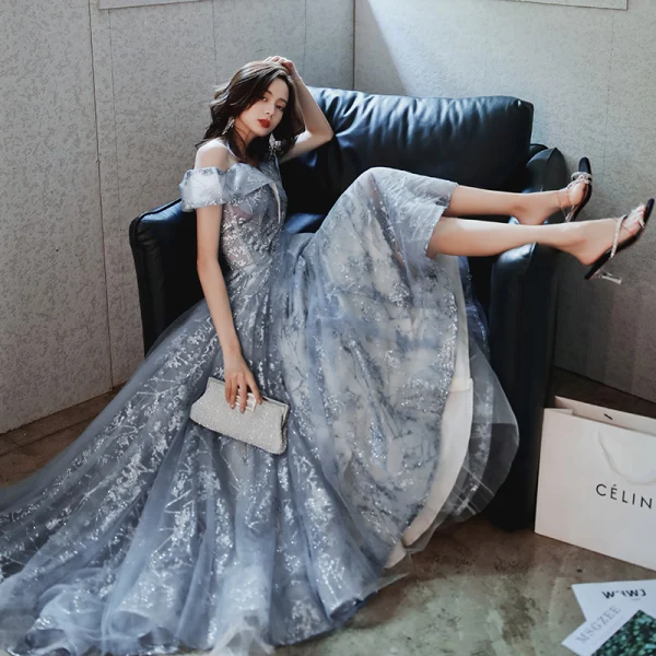 Charmant Bleu Ciel Robe De Soirée 2020 Princesse De l'épaule Paillettes Sans Manches Dos Nu Longue Robe De Ceremonie