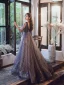 Charming Purple Evening Dresses  2020 A-Line / Princess V-Neck Beading Sequins Lace Flower Appliques Short Sleeve Backless Sweep Train Formal Dresses