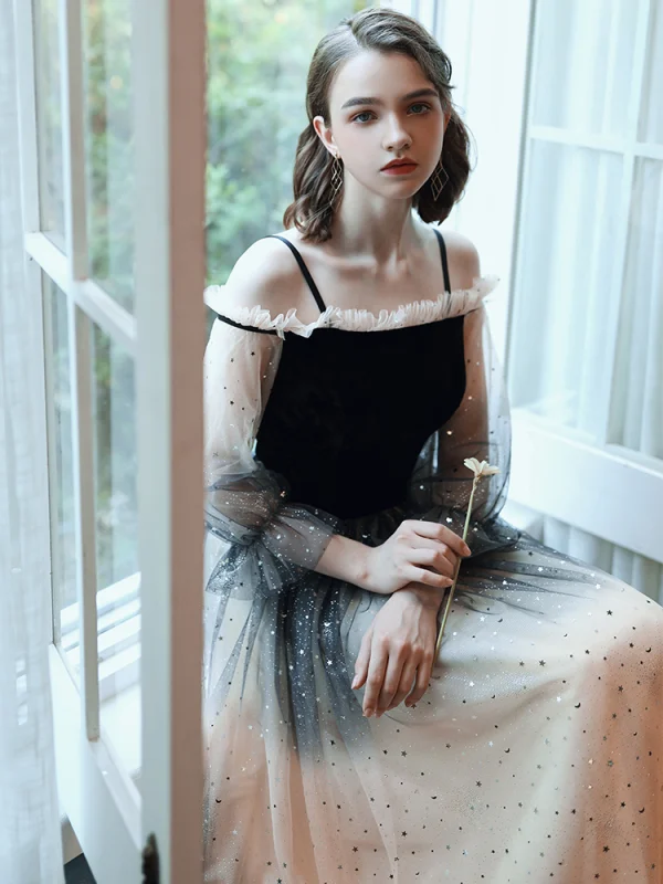 Fashion Black Champagne Gradient-Color Evening Dresses 2020 A-Line / Princess Off-The-Shoulder Star Sequins Long Sleeve Backless Floor-Length / Long Formal Dresses