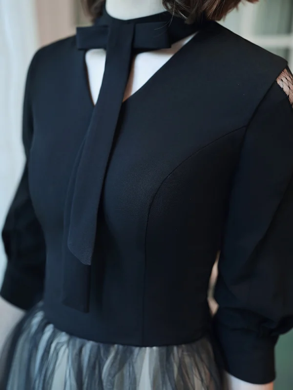 Fashion Black Gradient-Color Evening Dresses  2020 A-Line / Princess V-Neck Bow 1/2 Sleeves Floor-Length / Long Formal Dresses
