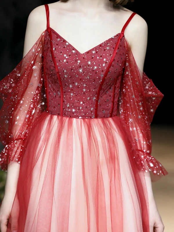 Mode Dégradé De Couleur Rouge Robe De Soirée 2020 Princesse Bretelles Spaghetti Perlage Paillettes 3/4 Manches Dos Nu Longue Robe De Ceremonie