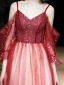 Mode Dégradé De Couleur Rouge Robe De Soirée 2020 Princesse Bretelles Spaghetti Perlage Paillettes 3/4 Manches Dos Nu Longue Robe De Ceremonie