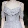 Sexy Silver Glitter Evening Dresses  2020 Trumpet / Mermaid Spaghetti Straps Beading Crystal Short Sleeve Backless Floor-Length / Long Formal Dresses