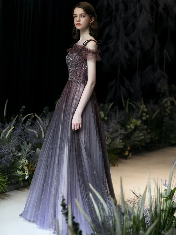 Charmant Glanz Violett Abendkleider 2020 A Linie Spaghettiträger Perlenstickerei Strass Pailletten Ärmellos Rückenfreies Sweep / Pinsel Zug Festliche Kleider
