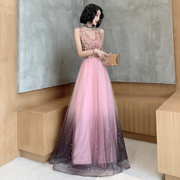 Fashion Candy Pink Evening Dresses  2020 A-Line / Princess Star Sequins V-Neck Sleeveless Backless Floor-Length / Long Formal Dresses