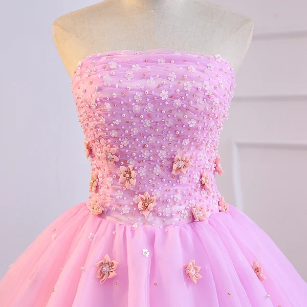 Chic / Beautiful Candy Pink Prom Dresses 2018 Ball Gown Appliques Pearl Strapless Backless Sleeveless Floor-Length / Long Formal Dresses