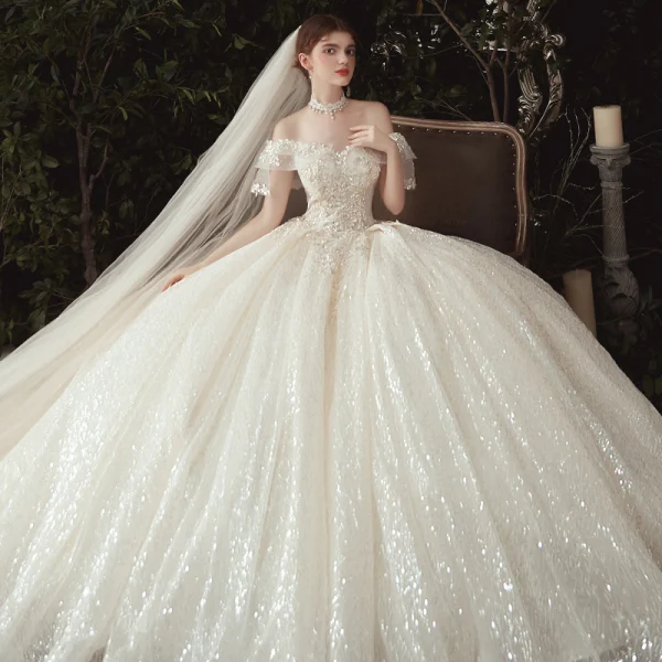 Luxury / Gorgeous Champagne Wedding Dresses 2020 Ball Gown Off-The-Shoulder Appliques Beading Sequins Lace Flower Short Sleeve Backless Royal Train