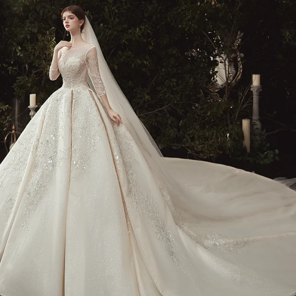 Luxury / Gorgeous Champagne Wedding Dresses 2020 Ball Gown Scoop Neck Beading Sequins Lace Flower Appliques 3/4 Sleeve Backless Royal Train