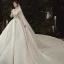 Luxury / Gorgeous Champagne Wedding Dresses 2020 Ball Gown Scoop Neck Beading Sequins Lace Flower Appliques 3/4 Sleeve Backless Royal Train