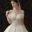 Luxus / Herrlich Champagner Glanz Brautkleider / Hochzeitskleider 2020 A Linie Off Shoulder Perlenstickerei Pailletten Kurze Ärmel Rückenfreies Königliche Schleppe