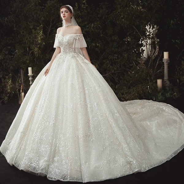 Luxury / Gorgeous Champagne Wedding Dresses 2020 Ball Gown Off-The-Shoulder Beading Sequins Lace Flower Appliques Short Sleeve Backless Royal Train