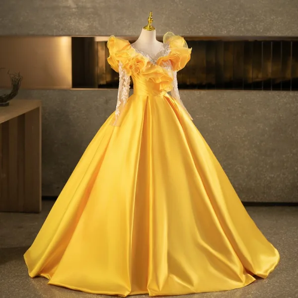 Vintage / Retro Yellow Beading Sequins Prom Dresses 2025 Ball Gown Scoop Neck Long Sleeve Backless Floor-Length / Long Formal Dresses