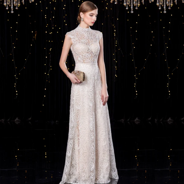 Sparkly Champagne Evening Dresses  2020 A-Line / Princess High Neck Sequins Lace Flower Sleeveless Floor-Length / Long Formal Dresses