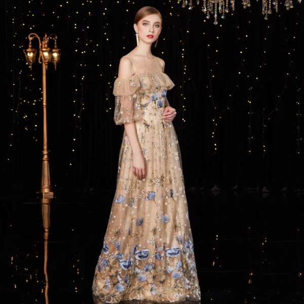 High-end Champagne Glitter Evening Dresses  2020 A-Line / Princess Scoop Neck Lace Flower Short Sleeve Floor-Length / Long Formal Dresses