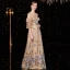 High-end Champagne Glitter Evening Dresses  2020 A-Line / Princess Scoop Neck Lace Flower Short Sleeve Floor-Length / Long Formal Dresses