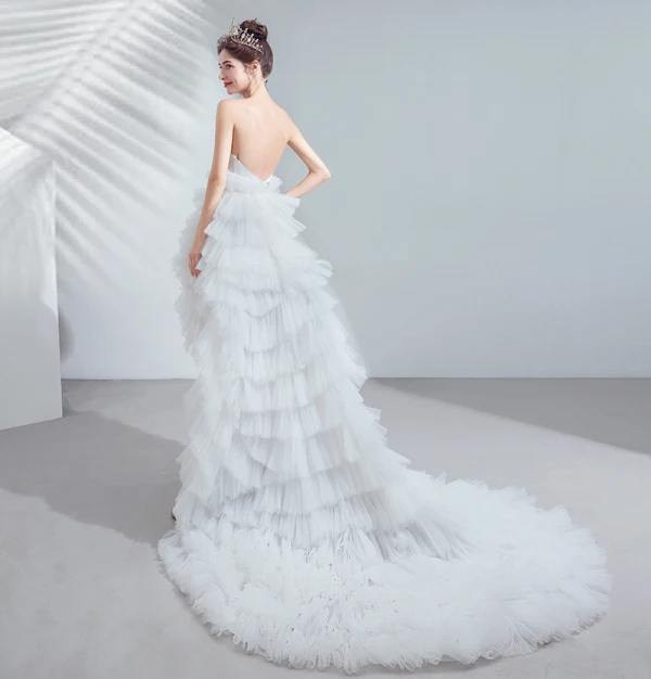 Chic / Beautiful White Wedding Dresses 2020 A-Line / Princess Strapless Sleeveless Backless Cascading Ruffles Court Train