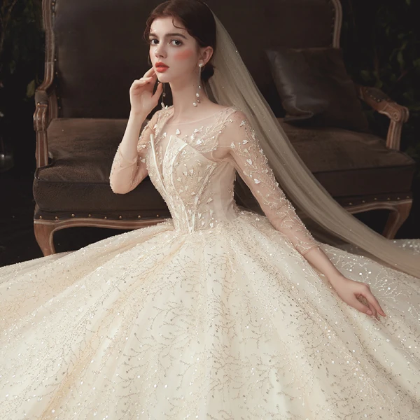 Luxury / Gorgeous Champagne Wedding Dresses 2020 Ball Gown Scoop Neck Beading Sequins Lace Flower Appliques 3/4 Sleeve Backless Cathedral Train