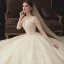 Luxury / Gorgeous Champagne Wedding Dresses 2020 Ball Gown Scoop Neck Beading Sequins Lace Flower Appliques 3/4 Sleeve Backless Cathedral Train