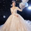 Luxe Champagne Robe De Mariée 2020 Robe Boule Encolure Dégagée Perlage Paillettes En Dentelle Fleur 3/4 Manches Dos Nu Royal Train