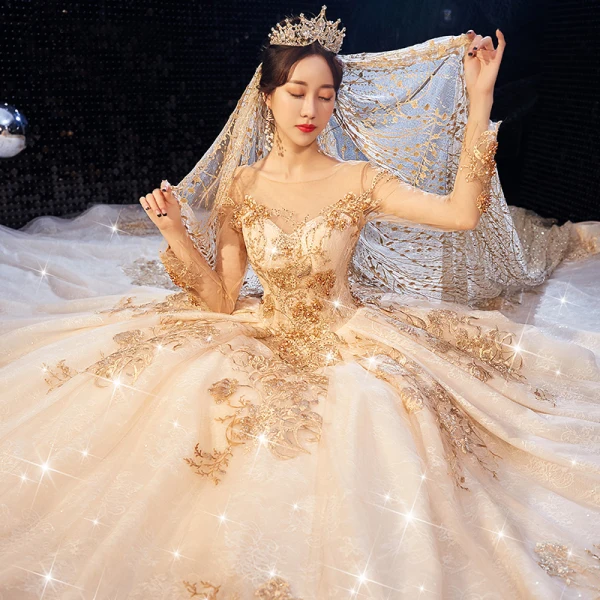 Luxury / Gorgeous Champagne Wedding Dresses 2020 Ball Gown Scoop Neck Beading Crystal Sequins Lace Flower Long Sleeve Backless Royal Train