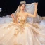 Luxury / Gorgeous Champagne Wedding Dresses 2020 Ball Gown Scoop Neck Beading Crystal Sequins Lace Flower Long Sleeve Backless Royal Train