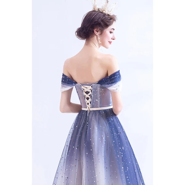 Fashion Ocean Blue Ivory Gradient-Color Cocktail Dresses 2020 A-Line / Princess Off-The-Shoulder Short Sleeve Backless Knee-Length Formal Dresses