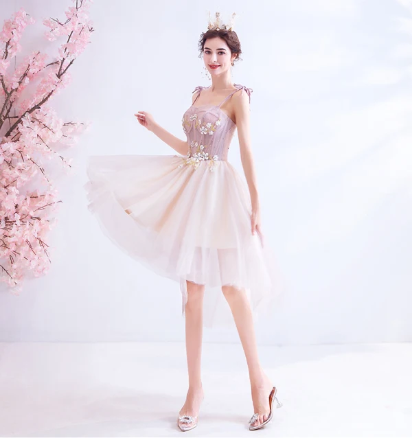 Chic / Belle Rougissant Rose Robe De Fete 2020 Princesse Bretelles Spaghetti Perlage Faux Diamant Appliques Sans Manches Dos Nu Asymétrique Robe De Ceremonie