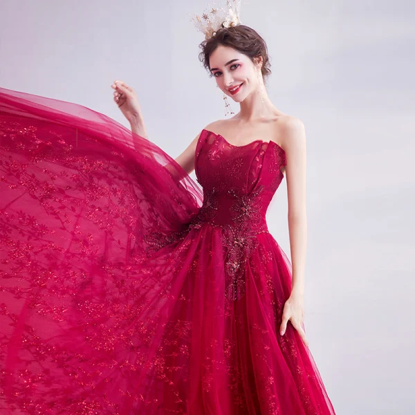Chic / Beautiful Red Evening Dresses 2020 A-Line / Princess Strapless Beading Sequins Lace Rhinestone Sleeveless Backless Floor-Length / Long Formal Dresses