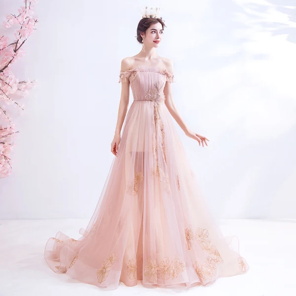 Edles Rosa Abendkleider 2020 A Linie Rüschen Off Shoulder Perlenstickerei Strass Pailletten Ärmellos Rückenfreies Sweep / Pinsel Zug Festliche Kleider