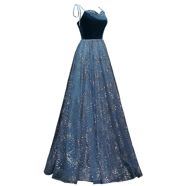 Scintillantes Bleu D'encre Robe De Soirée 2020 Princesse Bretelles Spaghetti Paillettes Sans Manches Dos Nu Longue Robe De Ceremonie
