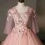 Flower Fairy Pearl Pink Prom Dresses 2020 Ball Gown V-Neck Pearl Sequins Lace Flower Appliques 3/4 Sleeve Backless Floor-Length / Long Formal Dresses