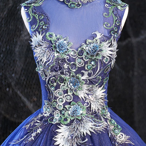 Vintage / Retro Royal Blue Prom Dresses 2020 Ball Gown High Neck Beading Rhinestone Lace Flower Sleeveless Backless Floor-Length / Long Formal Dresses