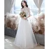 Charming Ivory Glitter Prom Dresses 2021 A-Line / Princess Scoop Neck Beading Sequins Lace Flower Short Sleeve Floor-Length / Long Formal Dresses