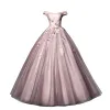 Flower Fairy Blushing Pink Grey Prom Dresses 2020 Ball Gown Off-The-Shoulder Beading Appliques Lace Flower Sleeveless Backless Floor-Length / Long Formal Dresses
