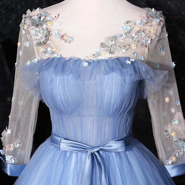 Elegant Sky Blue Prom Dresses 2020 Ball Gown Scoop Neck Bow Pearl Appliques 3/4 Sleeve Backless Floor-Length / Long Formal Dresses