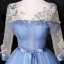 Elegant Sky Blue Prom Dresses 2020 Ball Gown Scoop Neck Bow Pearl Appliques 3/4 Sleeve Backless Floor-Length / Long Formal Dresses