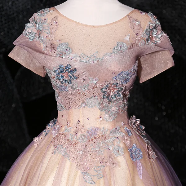 Vintage / Retro Blushing Pink Quinceañera Prom Dresses 2020 Ball Gown Scoop Neck Pearl Sequins Rhinestone Lace Flower Short Sleeve Backless Floor-Length / Long Formal Dresses