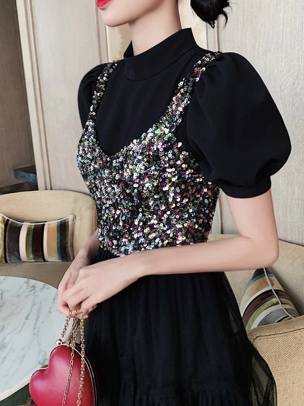 Fashion Black Party Dresses 2020 A-Line / Princess High Neck Sequins Short Sleeve Tea-length Formal Dresses
