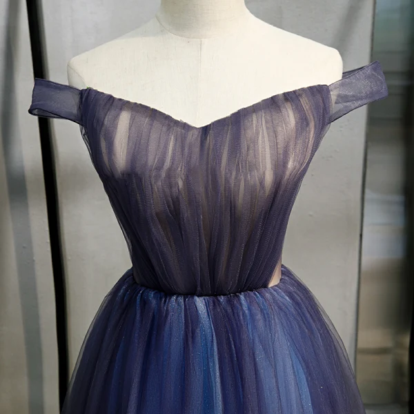 Chic / Belle Bleu Marine Dégradé De Couleur Robe De Soirée 2020 Princesse De l'épaule Manches Courtes Dos Nu Longue Robe De Ceremonie