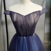 Chic / Beautiful Navy Blue Gradient-Color Evening Dresses  2020 A-Line / Princess Off-The-Shoulder Short Sleeve Backless Floor-Length / Long Formal Dresses